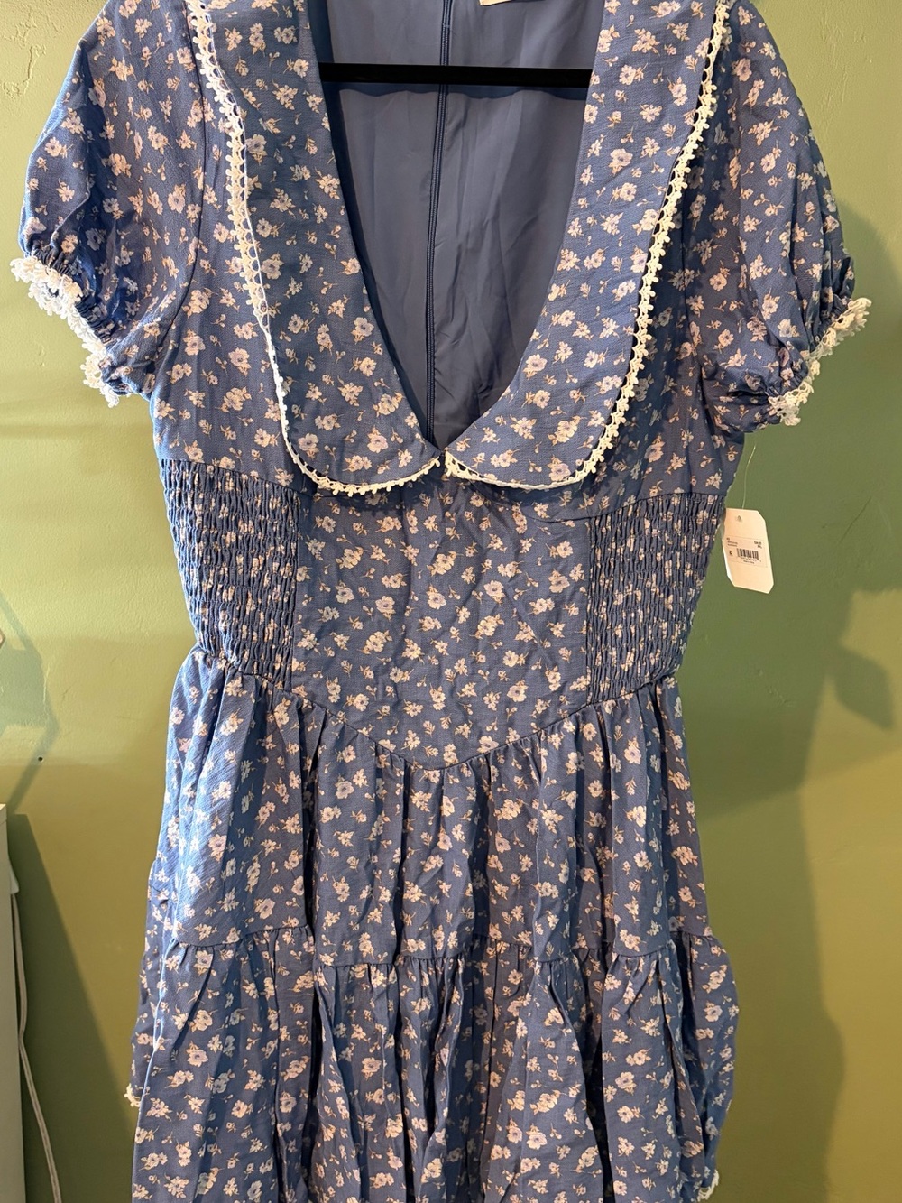 Altar'd State Blue Floral Tiered Dress with White Lace Trim - Picture 1 of 4